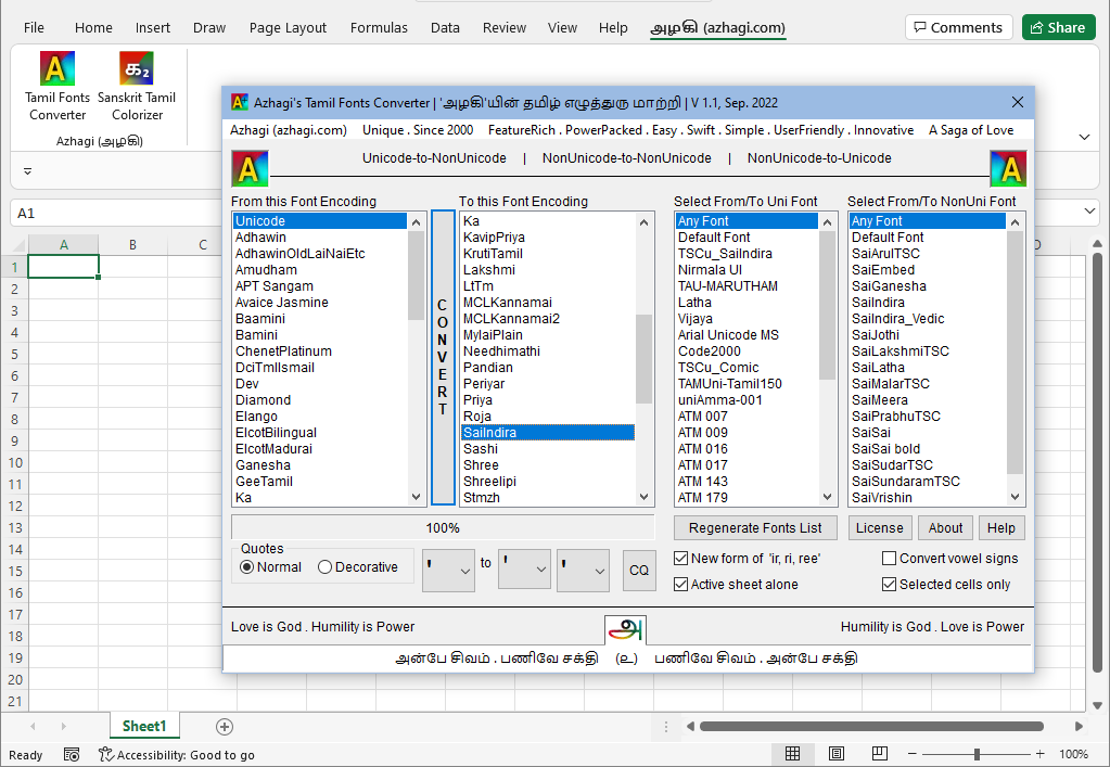 Azhagi's Addins for MS Excel - Tamil Fonts Converter